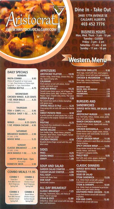 Aristocrat Menu Prices .